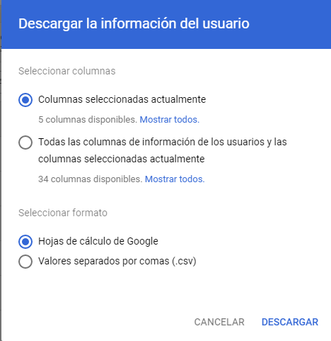 Panel de descarga de Usuarios